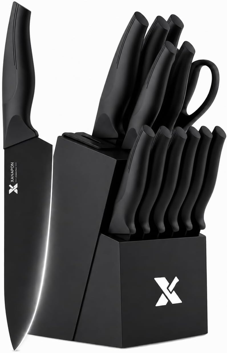 XANAPON Knife Set, 14 Pieces Kitchen Knife Set, High Carbon German Stainless Steel, Dishwasher Safe Cutlery with Built-in Knife Sharpener, Black