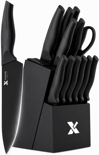 XANAPON Knife Set, 14 Pieces Kitchen Knife Set, High Carbon German Stainless Steel, Dishwasher Safe Cutlery with Built-in Knife Sharpener, Black