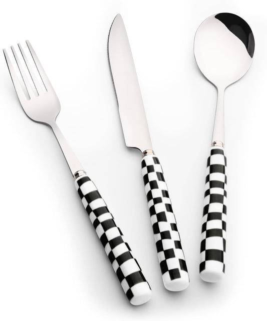 Koythin 3-Piece Cutlery Set, Stainless Steel Flatware Sets with Yellow Checkerboard Pattern Ceramic Handle, Utensils including Knife Fork Spoon (Yellow)