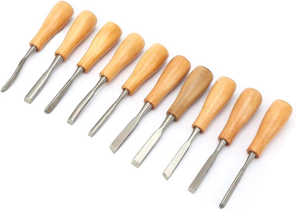 Carving Tools Set, 10Pcs with Wooden Handles in a Wooden Storage Case Carving Knife Chisel Kit Set