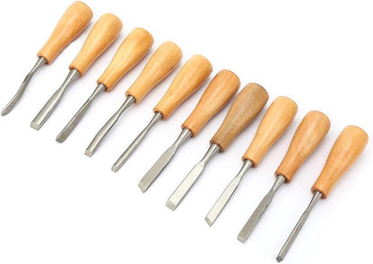 Carving Tools Set, 10Pcs with Wooden Handles in a Wooden Storage Case Carving Knife Chisel Kit Set