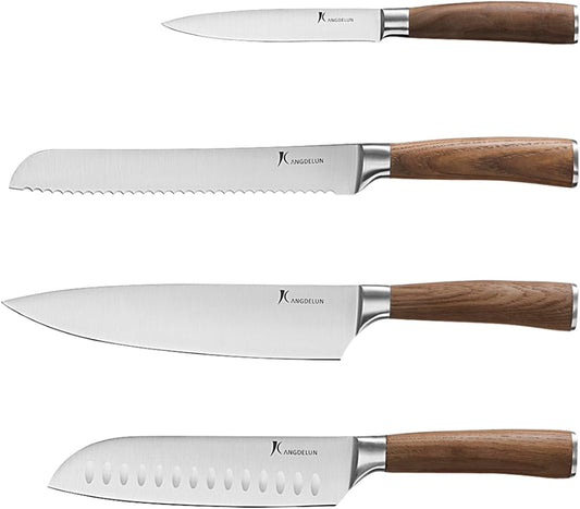 kangdelun Ultra Sharp 4-Piece Chef Knife Set, 50Cr15MoV High-Carbon Stainless Steel, Torrefied Brown Ash Wood Handles, Magnetic Gift Box