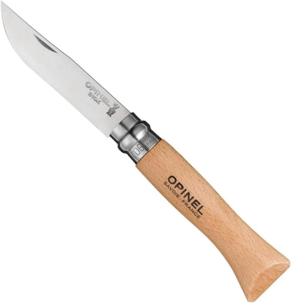 Opinel No. 08 INOX - Sandvik Stainless Steel Folding Pocket Knife, Beechwood Handle, 3.28 in Blade, Virobloc Safety Locking Collar, Made in France