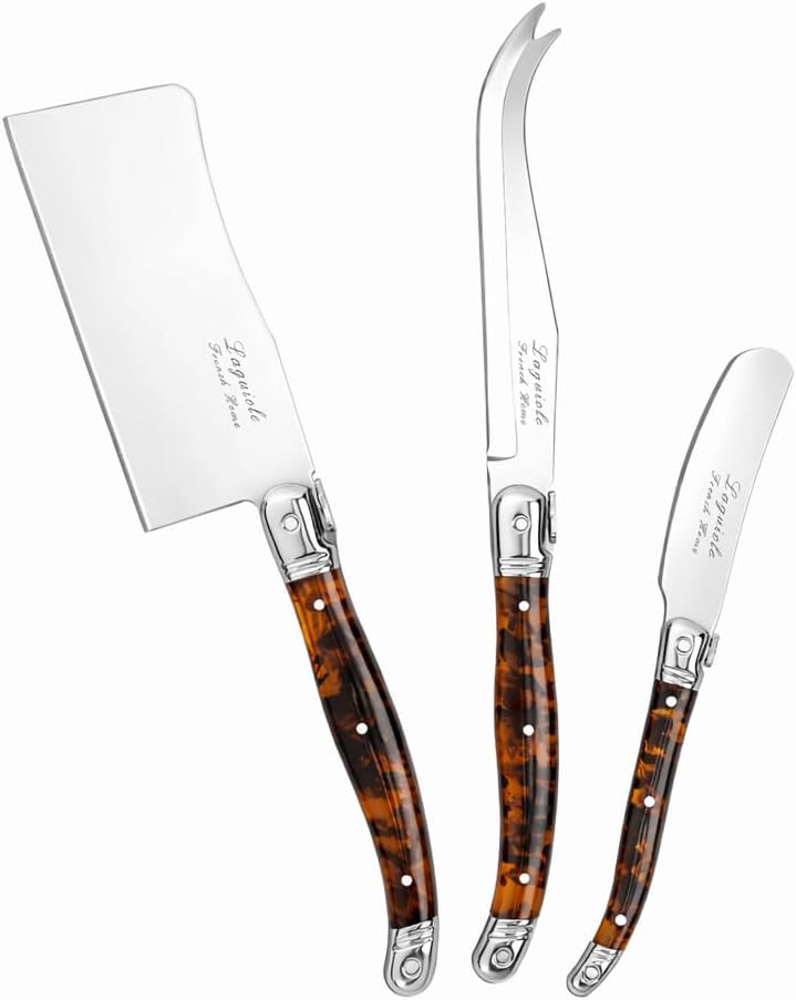 Laguiole Cheese Knife Set of 3 – Charcuterie Accessories w/Faux Ivory Handles – Includes 6.25" Cheese Spreader, 9.25" Spear & 8.5" Cleaver Knife