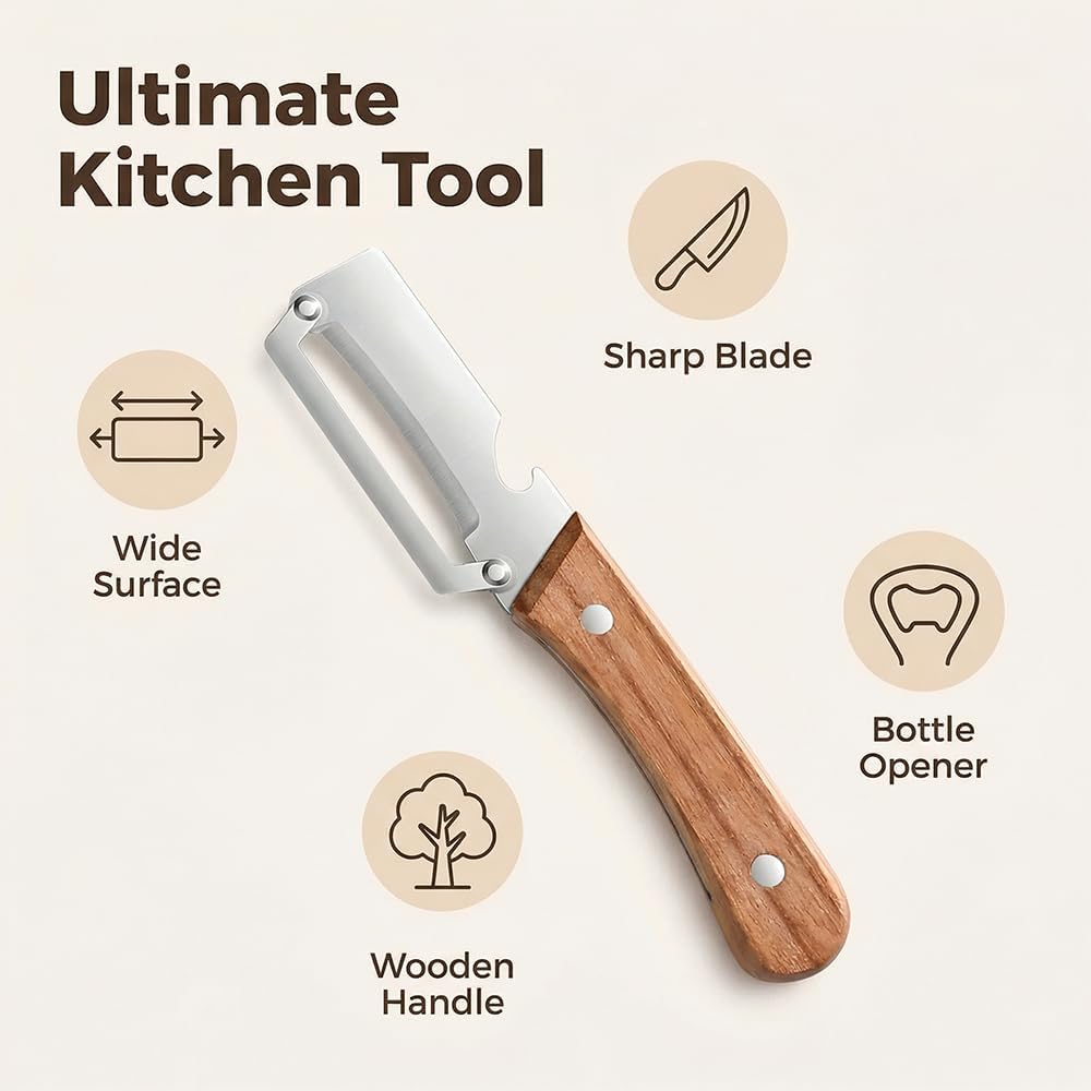 Premium Vegetable Peeler with Wooden Handle and Bottle Opener: 2-in-1 Stainless Steel Kitchen Tool for Fruit Apple Potato Pumpkin Papaya (2 PCS)