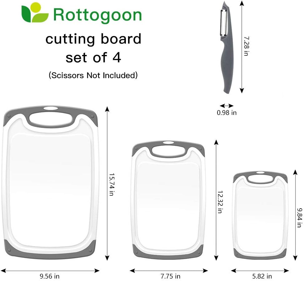 Cutting Boards for Kitchen, Plastic Chopping Board Set of 4 with Non-Slip Feet and Deep Drip Juice Groove, Easy Grip Handle, Dishwasher Safe, gray