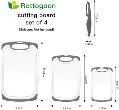 Cutting Boards for Kitchen, Plastic Chopping Board Set of 4 with Non-Slip Feet and Deep Drip Juice Groove, Easy Grip Handle, Dishwasher Safe, gray