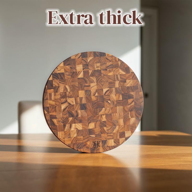 Teak Wood Round End Grain Cutting Board 11.8 Inch, Non Toxic Solid Wood Cutting Board for Kitchen Prep, Pizza & Serving Board with Handle by New M Way