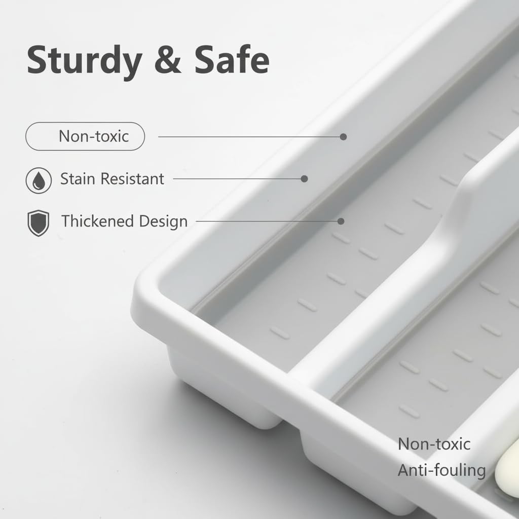 Cutesun Silverware Organizer for Drawer, Desktop Plastic Kitchen Storage, Cutlery Storage for Kitchen Drawer, Flatware and Utensil Holder Divider for Spoons Forks Knives Tableware, 5 Compartment, Gray