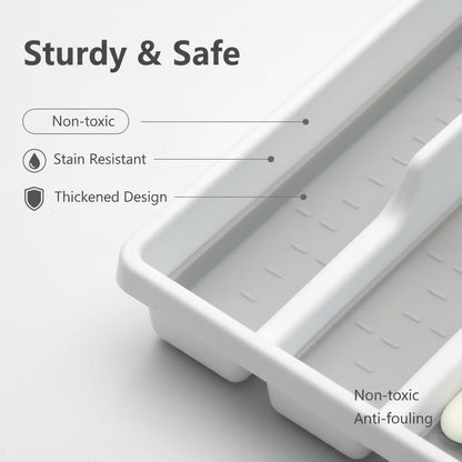 Cutesun Silverware Organizer for Drawer, Desktop Plastic Kitchen Storage, Cutlery Storage for Kitchen Drawer, Flatware and Utensil Holder Divider for Spoons Forks Knives Tableware, 5 Compartment, Gray
