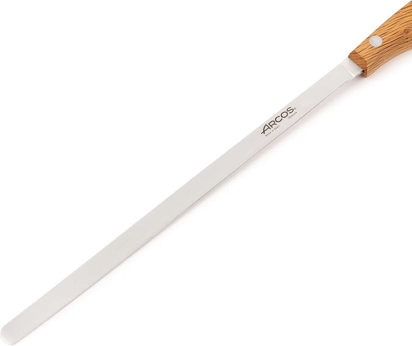 Arcos Jose Andres 10-Inch Fillet Knife Forged Meat Slicer | Professional NITRUM Stainless Steel Blade with Silk Edge | Ideal for Slicing Ham or Prosciutto | Ergonomic Holm Oak Wood Handle