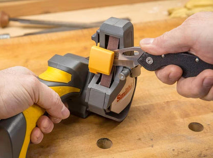 Smith's 50969 Cordless Electric Knife and Tool Sharpener – Yellow – Rechargeable – Portable – Soft Grip Handle – Replaceable Belts – Rotating Head – Canvas Bag Included