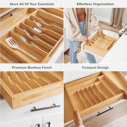 KitchenEdge Premium Silverware, Flatware and Utensil Organizer for Kitchen Drawers, Food-Safe Contract Grade, Expandable from 18 to 33 In, Gray Bamboo