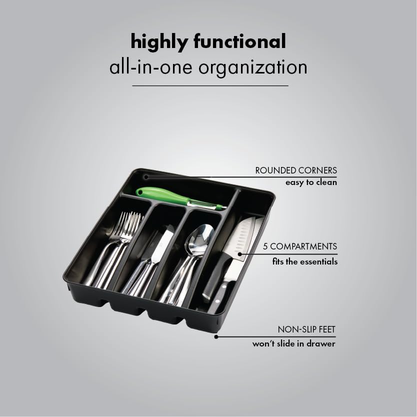 madesmart Silverware Tray, 5 Compartment Flatware Organizer for Forks, Knives & Spoons, Durable Drawer Organizer, Granite