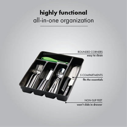 madesmart Silverware Tray, 5 Compartment Flatware Organizer for Forks, Knives & Spoons, Durable Drawer Organizer, Granite