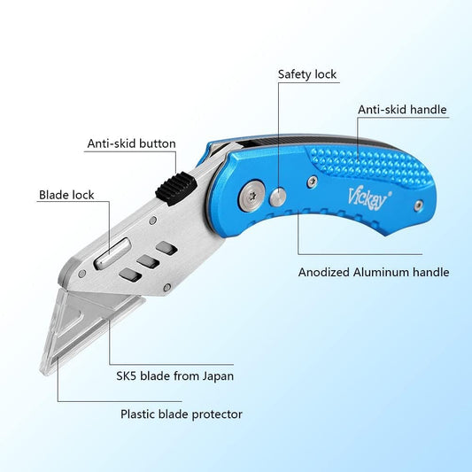 Vickay Folding Utility Knife, Box Cutter with 5 SK5 Quick Change Blades, Safety Axis Lock Design Razor Knife, Lightweight Aluminum Handle Belt Clip for Office Home Artcraft （Light Purple)