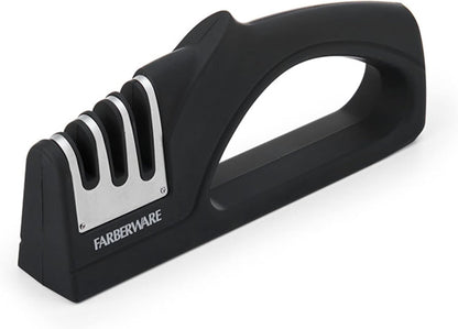 Farberware 3-Stage Knife Sharpener – Manual Kitchen Knife Sharpener with Diamond, Tungsten & Ceramic Sharpening Slots, Non-Slip Base, Ergonomic Handle, Handheld Knife Sharpening Tool, Black