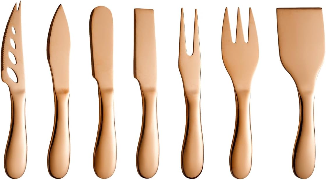Copper Cheese Knives Set 7 Pieces Stainless Steel Kitchenware Utensils Gadgets 7 Pieces Cheese Knife,Cheese Spreader,Cheese Forks,Cheese Slicer,Cheese Cutter,Butter Knife
