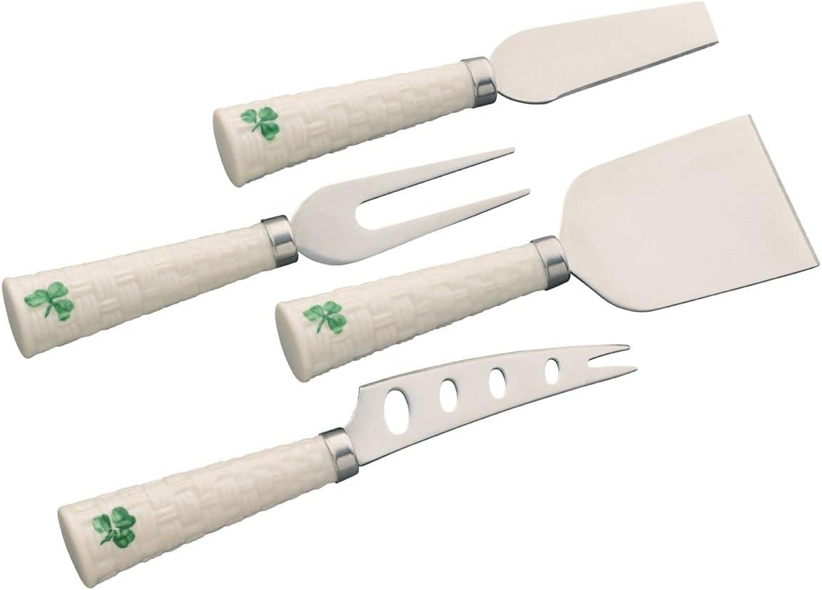 Belleek Shamrock Cheese Knives - Set of 4, Iconic Basketweave Pattern, Parian China & Stainless Steel