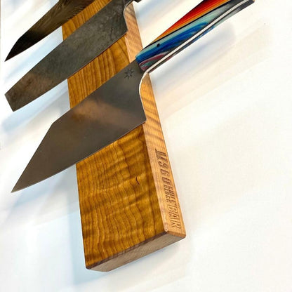 360KnifeBlock magnetic knife BAR - Guitar Wood - 2 Rows of Magnets, 'magic floating backer' w/level system, 2"screws - handmade in Washington (Guitar wood, 18" wide)