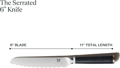 Material, Serrated Bread Knife 6", Bread Knife for Homemade Bread, Serrated Kitchen Knife, Carbon Stainless Steel Santoku-Inspired Blade, Razor-Sharp addition to your Chef Knife Set, Almost Black