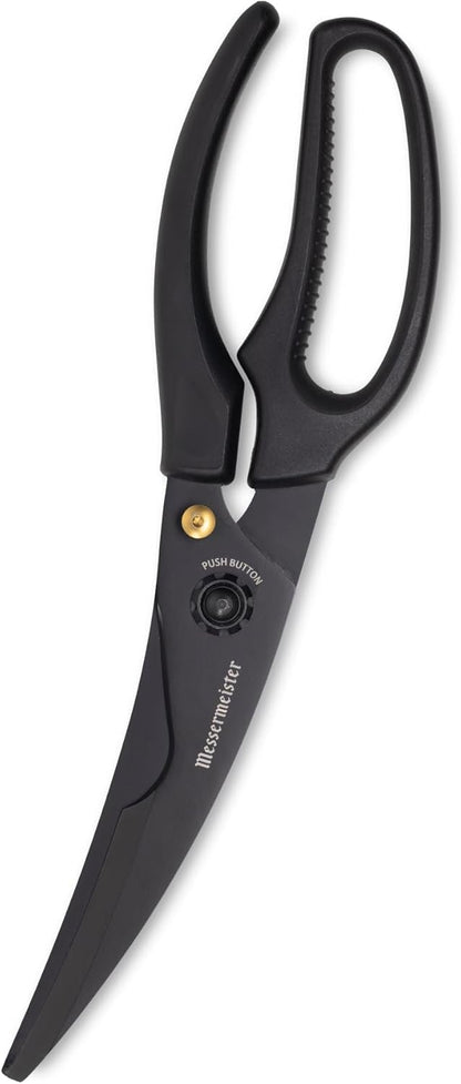 Messermeister 10-Inch Push Button Take-Apart Poultry Shears, Titanium Black - High-Carbon Stainless Steel & Soft-Grip Handles - Includes Nut Cracker & Bottle Opener