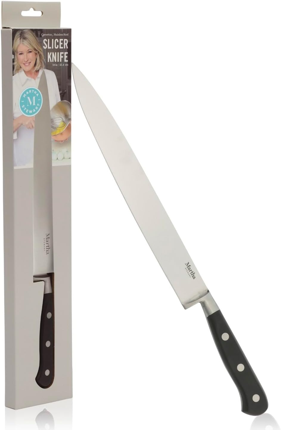 Martha Stewart Carverton 10" Hollow Edge Slicer Knife, High Carbon Stainless Steel Kitchen Knives w/Black Triple Riveted Handle