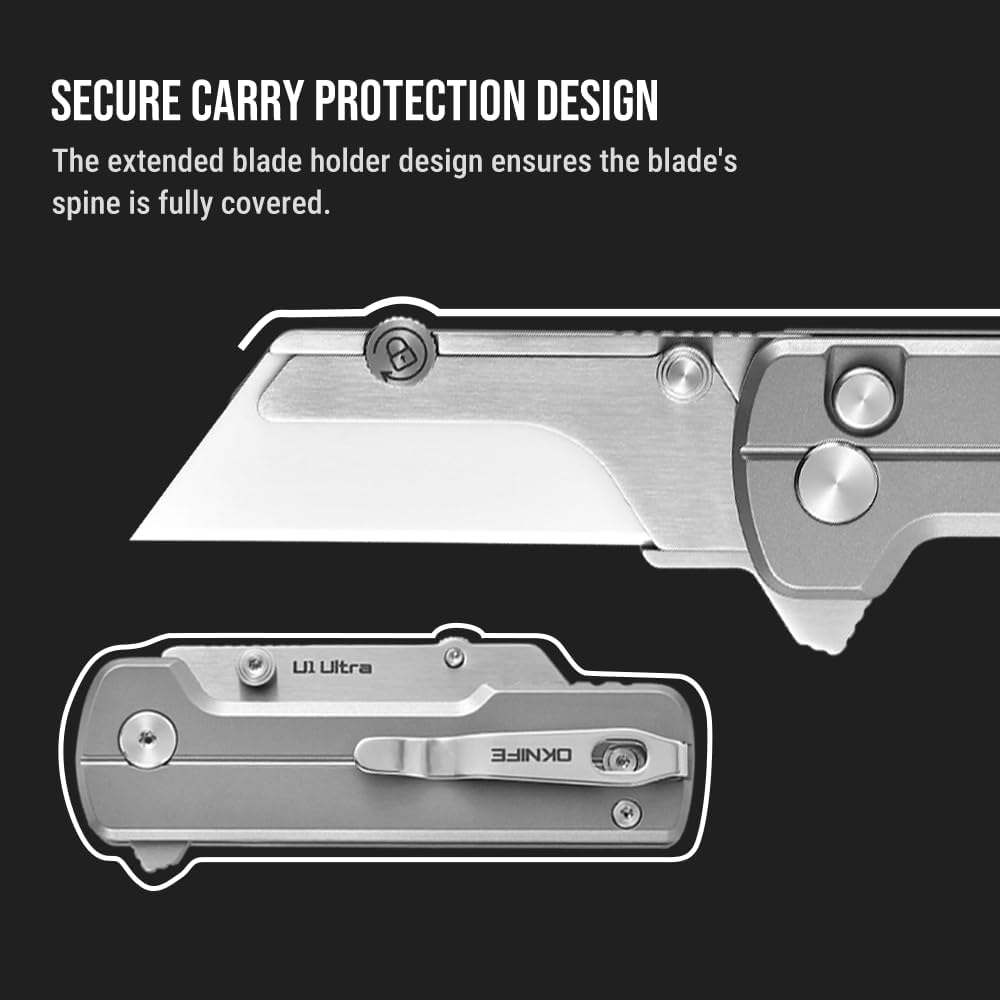 OKNIFE U1 Ultra Titanium Pocket Folding Utility Knife w/Ceramic Blade, Button Lock EDC Box Cutter with Clip for Men Women