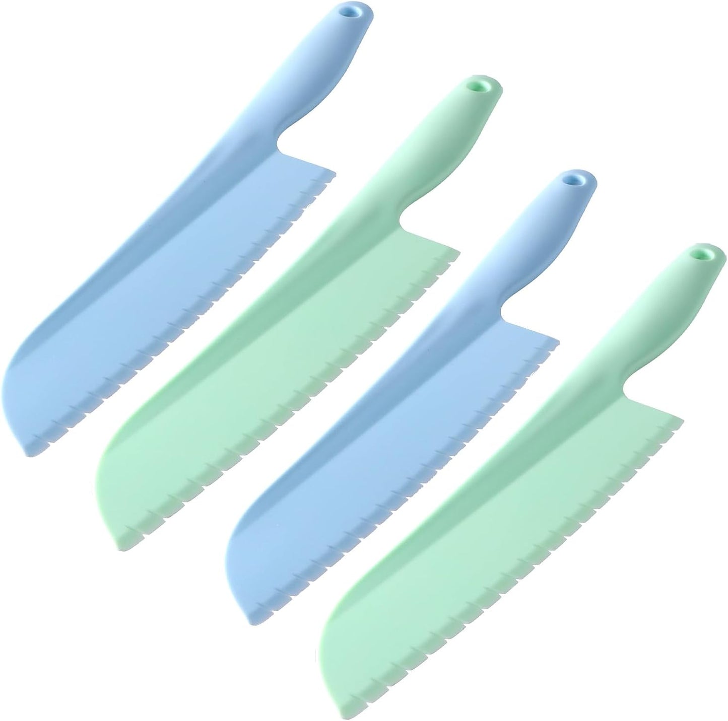 4 Pack Lettuce Knife 11/8.5" Plastic Cake Knifes to Prevent Browning Serrated Kitchen Cutter for Cutting Fruits, Cakes and Bread Dishwashable Safe for Kids Nylon Cutters for Nonstick Pans (Blue, S&L)