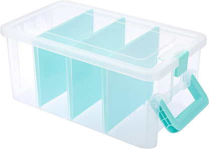 BTSKY Clear Plastic Dividing Storage Box with 4 Compartments Adjustable Storage Bin with Lid Plastic Craft Storage Container Multipurpose Sewing Box Art Supply Organizer, 13.3x8.1x3.4 Inches