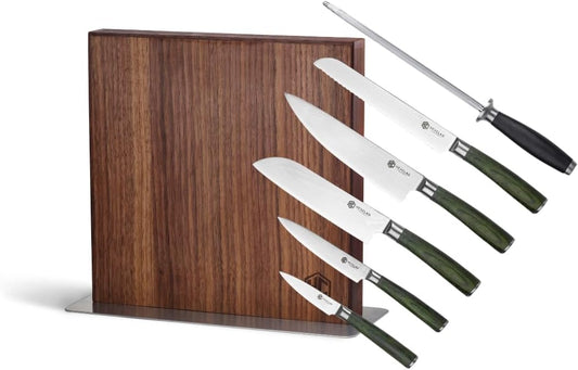 HexClad 7-Piece Knife Set, 6-Piece Essential Knife Set and Magnetic Knife Block, Japanese Damascus Stainless Steel Blades, Full Tang Construction, Pakkawood Handles