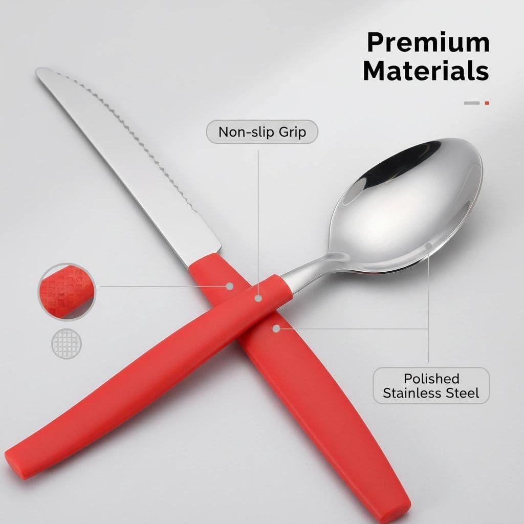 25-piece dinnerware set with red handles. The set includes 1 storage box, 6 knives, 6 forks, 6 long spo and 6 short spoons. Suitable for daily use at home or camping.