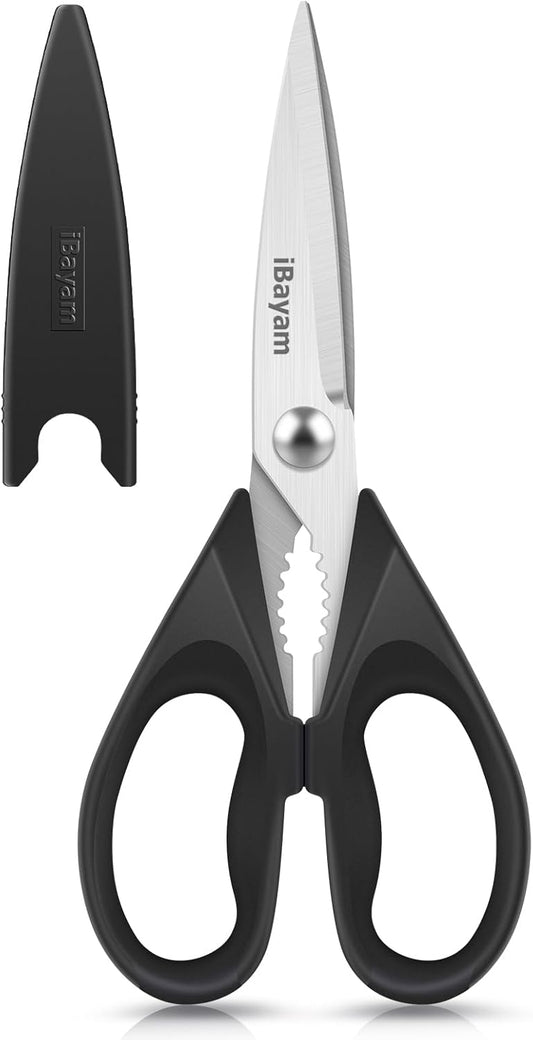 iBayam All Purpose Kitchen Scissors, Kitchen Shears with Protective Sheath Durable Stainless Steel Sharp Scissors, Dishwasher Safe, Soft Grip Handle for Cooking Food Herb Pizza Salad Seafood, 8.5 Inch