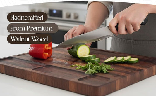 Walnut Cutting Board for Kitchen - Large Wooden End Grain Chopping Board with Handle & Groove - Wood Butcher Block - Double-Sided Charcuterie Serving Tray for Meat, Cheese & More - 16.4”x12.4”x1”