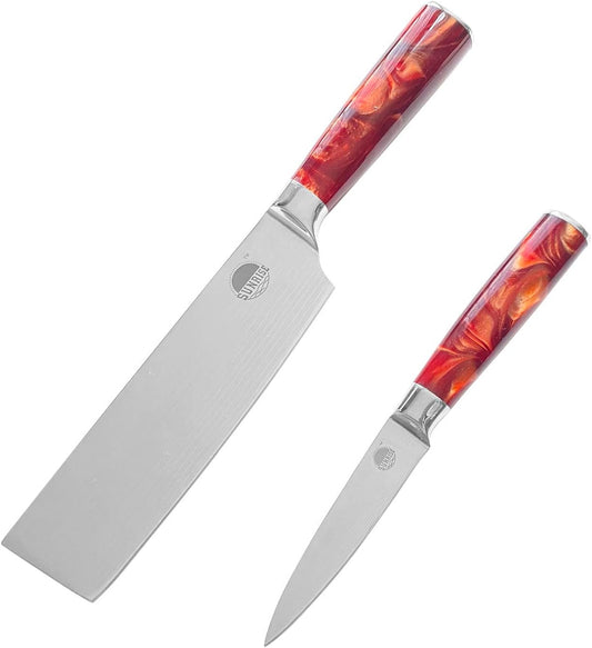 Professional 2-Piece Kitchen Knife Set, Nakiri and Paring Knives, Stainless Steel with Red Marbled Handle (Red)