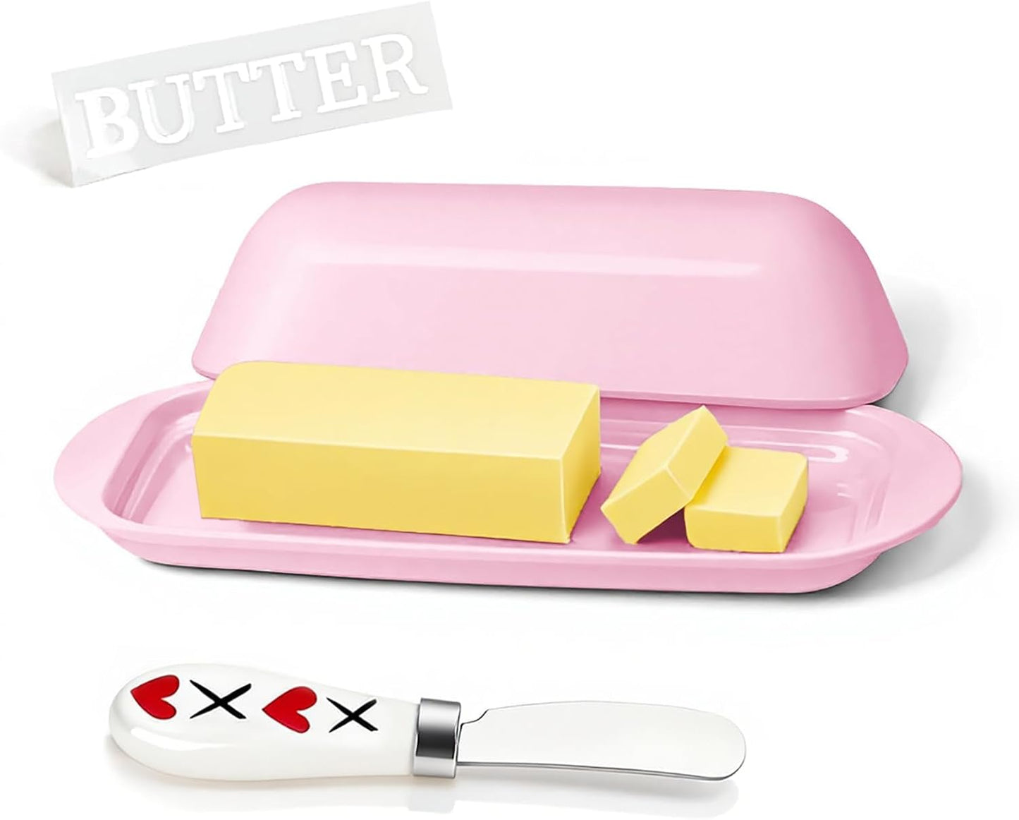 BPA-Free Melamine Butter Dish with Lid & Stainless Steel Knife - Farmhouse Butter Keeper for Countertop & Refrigerator, Dishwasher Safe, Holds 1 Stick with East & West Coast Butter-Cream
