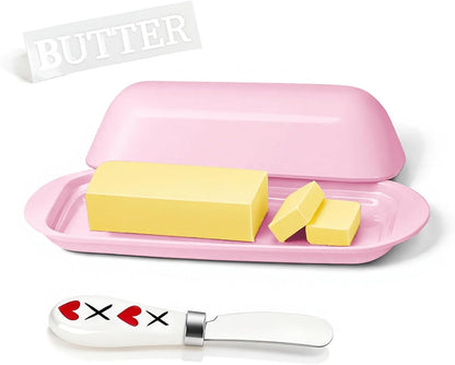 BPA-Free Melamine Butter Dish with Lid & Stainless Steel Knife - Farmhouse Butter Keeper for Countertop & Refrigerator, Dishwasher Safe, Holds 1 Stick with East & West Coast Butter-Cream