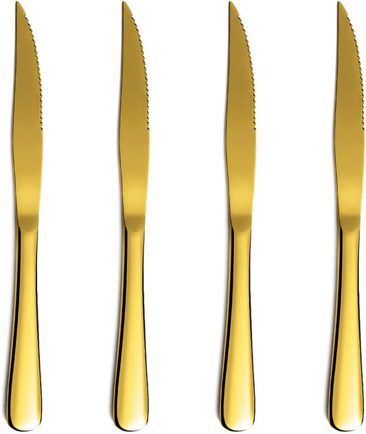 Gold Steak Knife Set, Kyrtaon Golden Serrated Knife, Titanium Gold Plating Stainless Steel Sharp Knives Set, Dinner Knifes Set of 8, Dishwasher Safe Sturdy And Easy To Clean