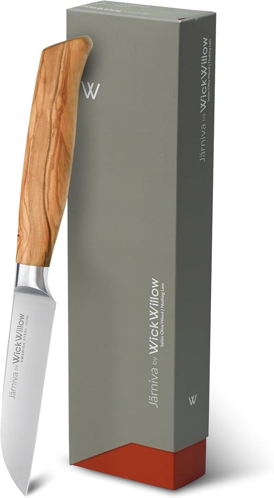WICKWILLOW 3.5 Inch Paring Knife – Swedish Steel 14C28N with Italian Olive Wood Handle – Small Kitchen Knife for Peeling, Trimming & Precision Work – Gift Box – Jarniva Series