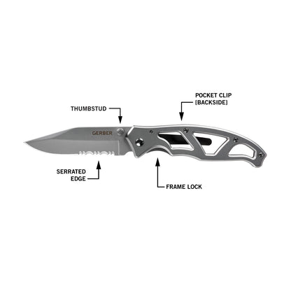 Gerber Gear Paraframe I EDC Folding Pocket Knife, 3" Serrated Edge with Safety Frame Lock, Stainless Steel, Grey