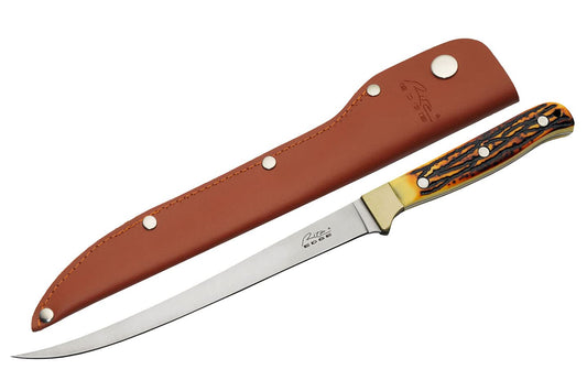 SZCO 12.25 Inch Fillet Knife with Leather Sheath – Stainless Steel Fishing Fillet Knife, Sharp Flexible Blade, Full Tang Boning Knife, Faux Stag Handle Fish Cleaning Knife for Fishing, Meat Cutting & Outdoor Use