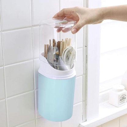 HERCHR Kitchen Utensil Holder with Cover, 4 Compartment Wall-Mounted Countertop Plastic Silverware Holder Utensil Drying Rack for Cutlery, Chopstick, Spoons, Forks, Knives(Blue)