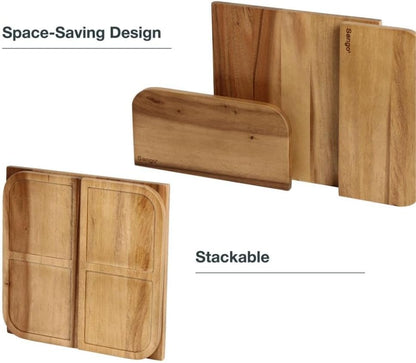 Sango Acacia Cutting Board Set with Juice Grooves and Partitions for Serving, 3-Piece- Wood Chopping Boards, Stackable & Reversible for Kitchen, Non-Toxic, Perfect as Butcher Block Countertop, Atelier