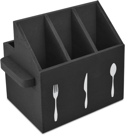 Ikee Design Wooden Utensil Caddy with Handles, Silverware Caddy, Silverware Holder for Countertop,Party,Camping and Kitchen, Organizer, Picnic Cutlery Holders, Black Color