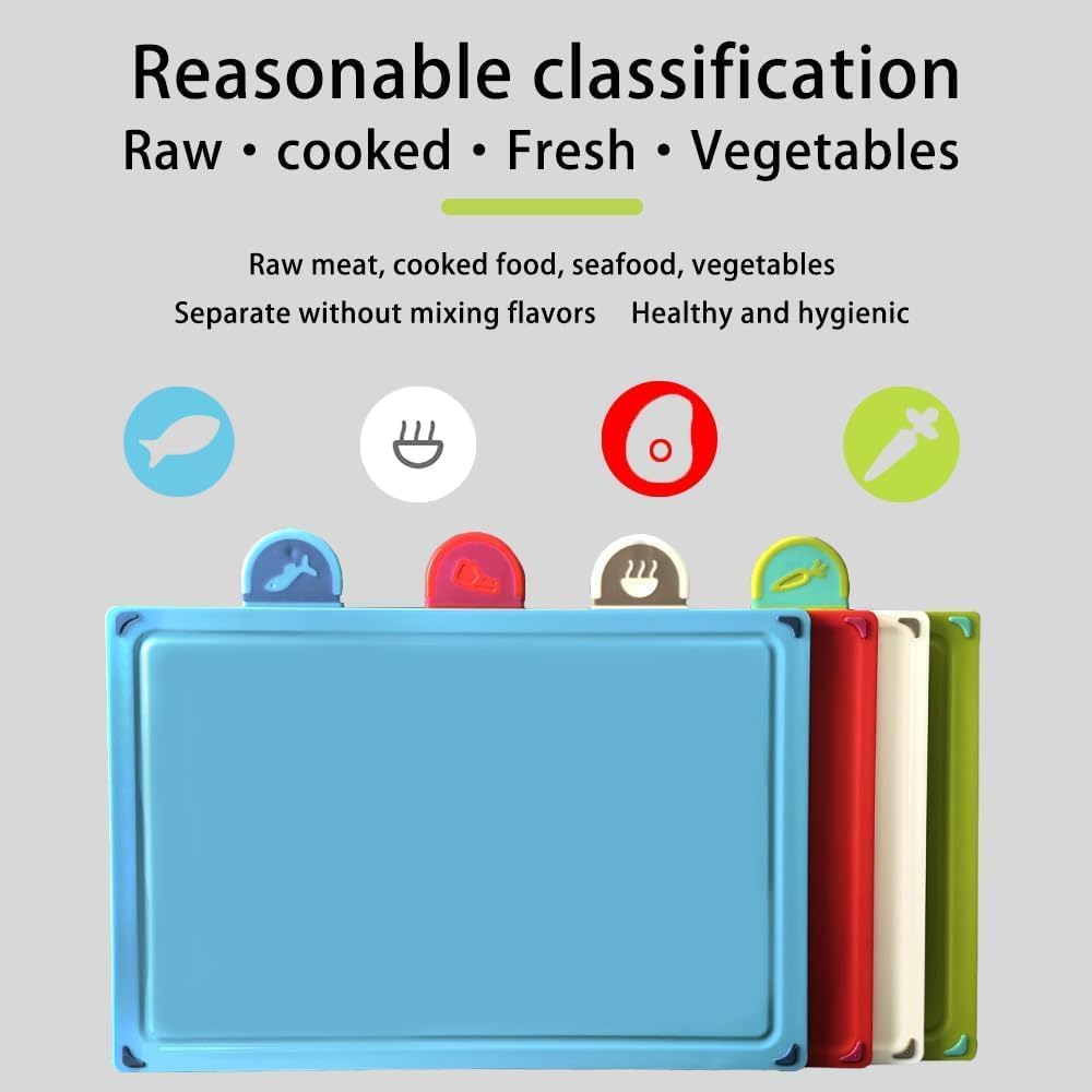 Plastic Cutting Board, Set of 4 with Storage Stand,Color Coded Food Icon with Holder