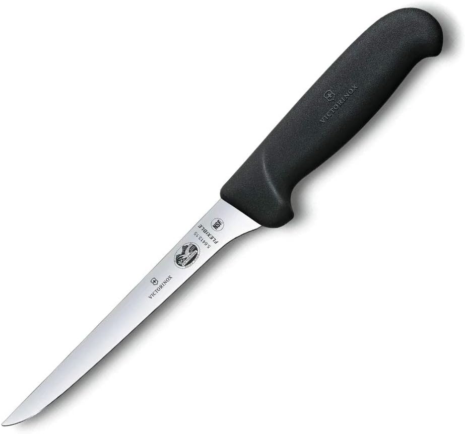 Victorinox Fibrox Curved Boning & Fillet Knife, Flexible Blade for Meat & Poultry, 6-Inch, Black