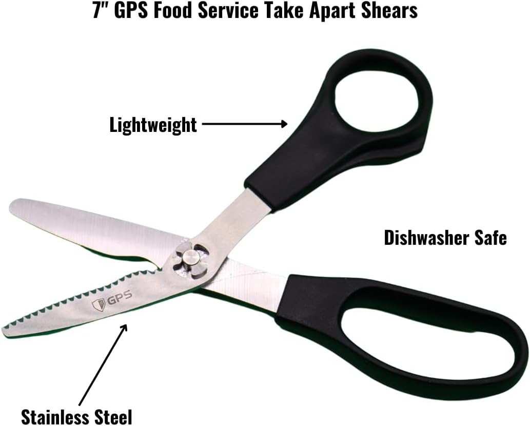 GPS 7"" Take Apart Kitchen Safety Shears, Black Handle, Food Grade, Stainless Steel, Used For Chicken/Poultry/Fish/Meat/Vegetables and More