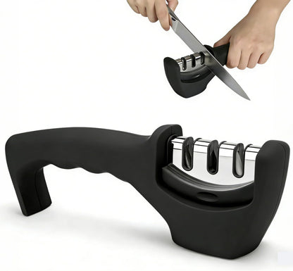 4-in-1 Kitchen Knife Sharpener, 3-Stage Manual Knife Sharpening Tool with Diamond Coarse Ceramic Fine Polish Slots, Non-Slip Base for Kitchen Chef Knives, Black
