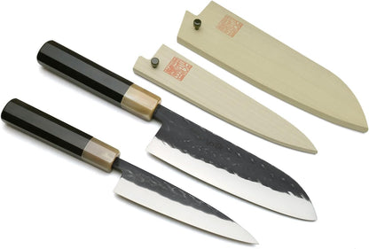 Yoshihiro Kurouchi Stainless Clad High Performance SLD Japanese Nakiri Vegetable Knife & Petty Utility Knife 2pc Set (Nakiri 6.5" / Petty 5.3" & Saya Cover)