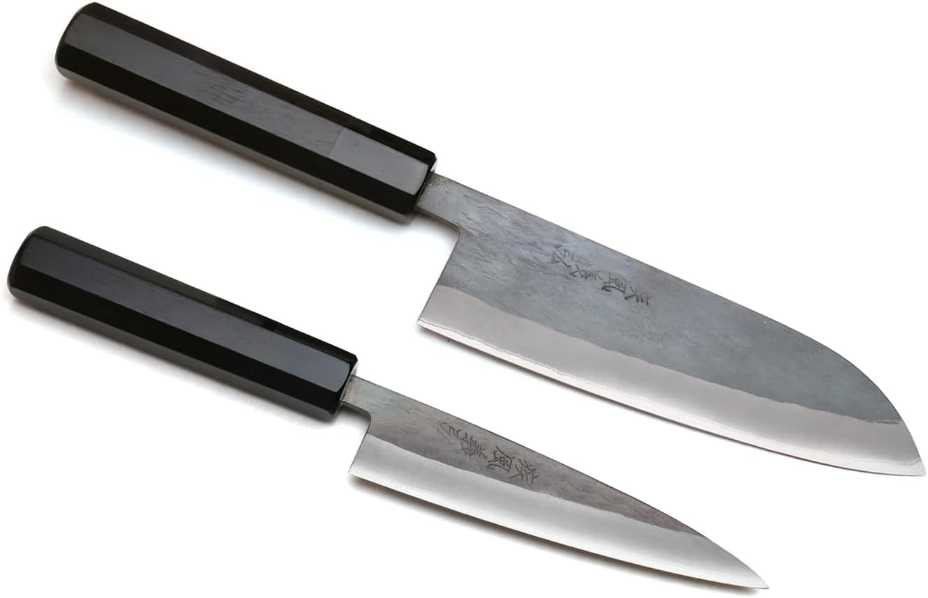 Yoshihiro Kurouchi Black-Forged Blue Steel Stainless Clad Santoku Chefs Knife and Petty Utility Knife 2pc Set Ebony Handle (Santoku 165mm / Petty 135mm & Saya Cover)